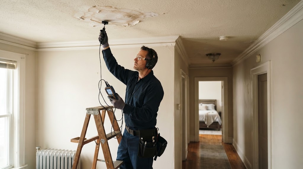 Leak detection specialist checking a condo ceiling for water damage from the unit above