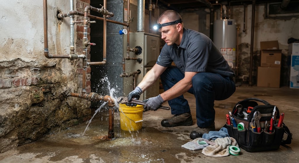 Plumber performing emergency repair on a violently burst pipe in a Bayonne basement