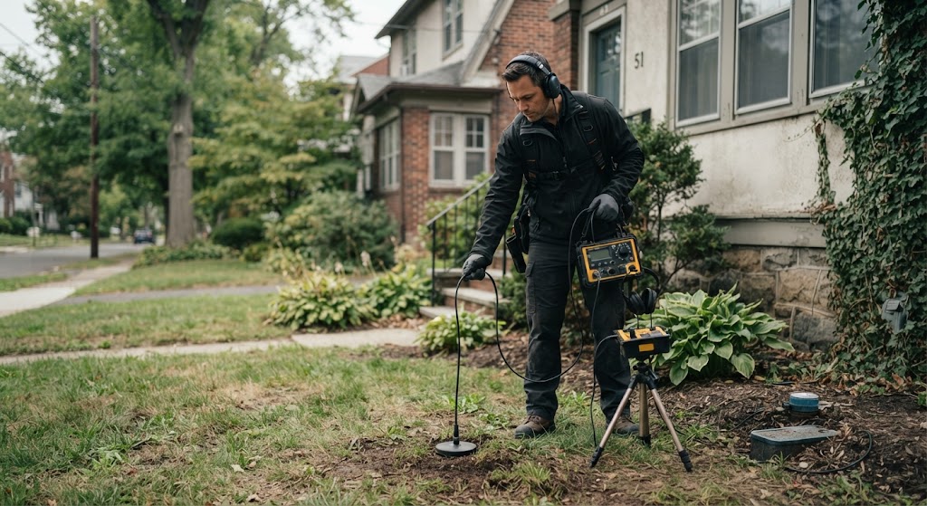 Technician using acoustic listening equipment to find an underground water line leak in a Bayonne yard